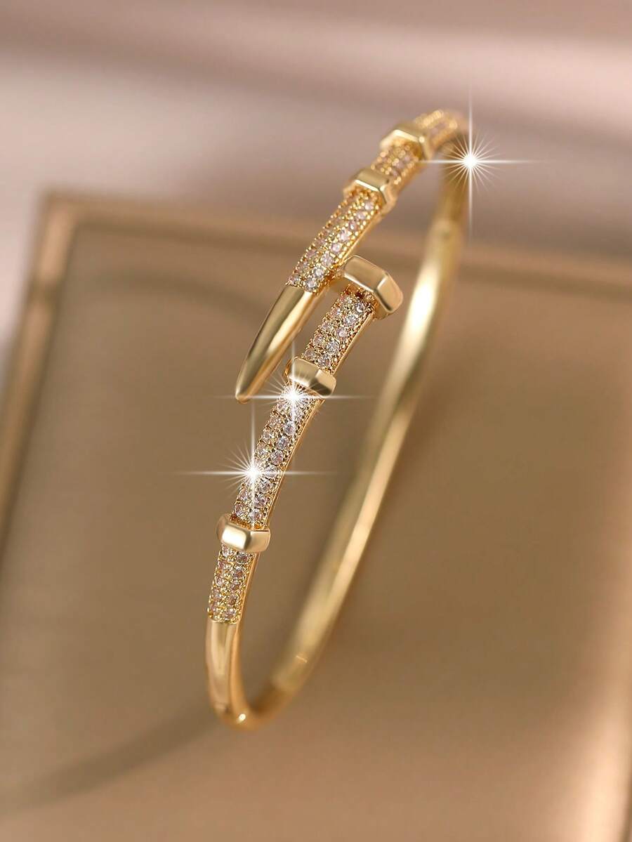 1pc Elegant Buckle Nail Gold Plated Bangles Luxury High-End Cubic Zirconia Cuff Bracelet For Women Engagement Wedding Birthday Anniversary Festival Gifts Copper Jewelry - Bracelet - View 1