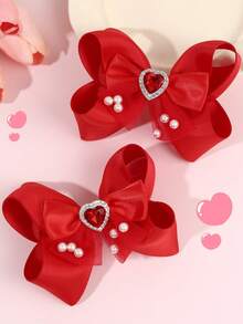 2个情人节红色/粉色发夹，心形水钻珍珠发夹，缎带鳄鱼夹，适合女孩和青少年佩戴，可爱优雅的日常、度假、节日和派对配饰 - 彩色 - 查看 3