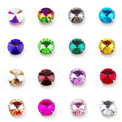 Rivoli Rund Form, 6mm, 8mm, 10mm, 12mm, 14mm, 16mm, 18mm, Glas Flerfärgad Fancy Ellips Glänsande Handgjorda Silver Metall Klo Bas, Sykristall Handsydda Strass Dekoration Pärlor Platt Baksida Med Hål Ädelstenar DIY Tillbehör Sy-på Stenar Strass För Dekoration Av Kläder, Klänningar, Väskor, Skor, Broscher, Örhängen, Hantverk