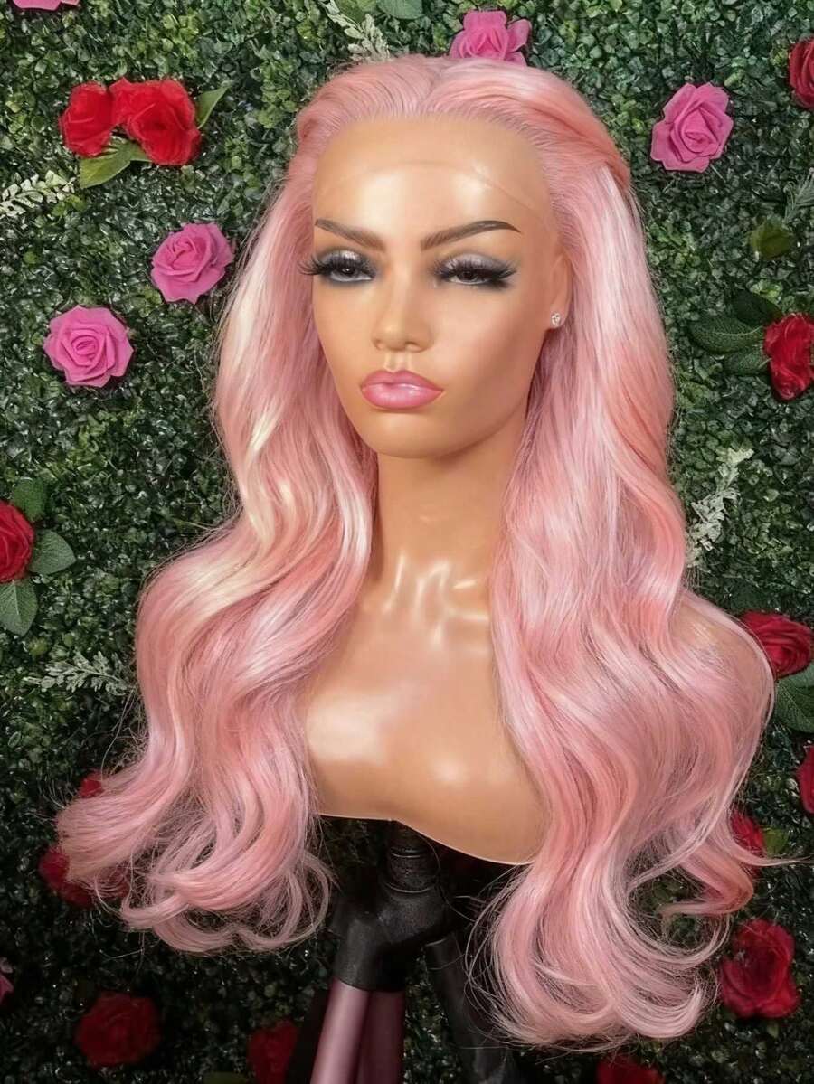 13X4 Baby Pink Color Long Body Wave Lace Front Wig Water Wave Wigs Glueless Free Part Heat Resistant Light Pink Synthetic Hair Replacement Wigs For Women Perfect For Daily Wear Parties Special Occasions - Hồng - Xem 1