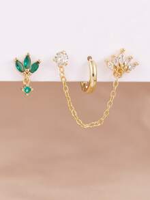 3PCS Exquisite Light Luxury Stainless Steel Crown Chain Tassel Zirconia Hoop Earrings Set For Women 18K Gold Plated Unique Earrings Cartilage Piercing Jewelry - 3pcs for One Ear - View 2
