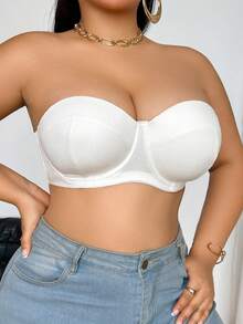 1pc Women's Solid Color Ribbed Molded Cup Wireless Comfortable Plus Size Bra - White - View 5