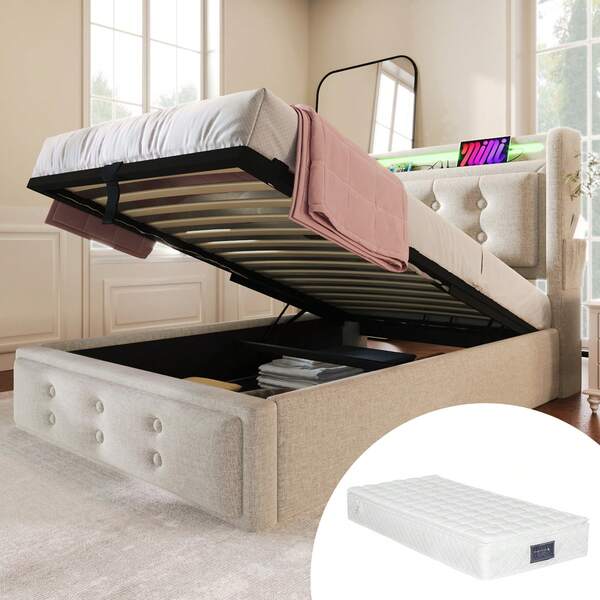 Upholstered Bed 90x200, Single Bed With LED Headboard And USB C Charging Function, Hydraulic Bed With Wooden Slatted Base And Metal Frame, Load Capacity 150 Kg, Beige, Cotton (With Mattress)