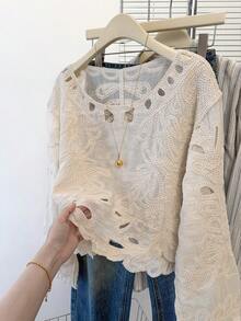 JIANHU 女式夏季蕾丝长袖衬衫 - 波西米亚风上衣，带有精致的镂空细节和喇叭形下摆，适合城市散步/周末出游/约会的休闲街头服饰 | 轻盈透气 - 杏色 - 查看 4