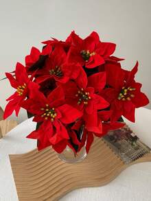 5 główek/1 bukiet sztucznych kwiatów poinsecji, krzewów, kwiaty świąteczne na werandę, do domu, ogrodu, do wnętrz i na zewnątrz (czerwony)