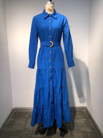 优雅休闲宽松长袖连衣裙，正面有纽扣，腰带，百褶分层裙，适合秋季。