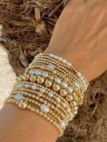 15件套多层镀金手链套装，混合珍珠串珠手链，适合女士和女孩，惊喜日常珠宝礼物 - 彩色 - 查看 5