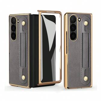 VIETAO 腕带式电镀PC仿皮手机壳，兼容三星Galaxy Z Fold 6/7，带钢化玻璃屏幕保护膜，全包式保护套
