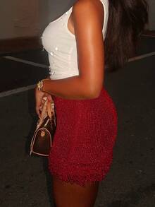 Falda de punto con flecos para mujer, estilo commuter - Burdeos - Ver 4