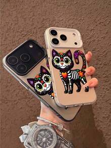 1pc Funda de Teléfono de TPU a Prueba de Golpes de Cobertura Completa, Esqueleto Floral Colorido Gato Negro con Ojos Verdes y Patrón de Corazón, Regalo de Navidad para Amantes de Gatos, Compatible con iPhone 17/16/15/14/13/12/11/Plus/Pro/Promax/Air, Galaxy S25/S24/S23/S22/S21/FE/Plus/Ultra, Funda de Teléfono Interesante a Prueba de Agua, Resistente a Golpes y Arañazos, Estilo Navideño, Regalo de Navidad Perfecto - Plateado - Ver 3
