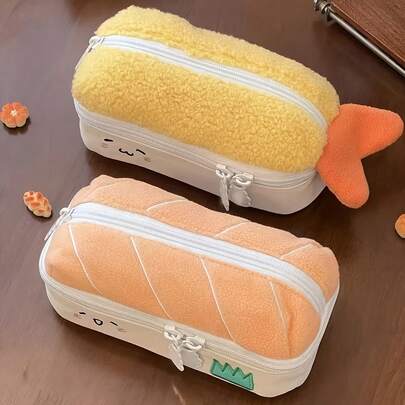 1pc Large Capacity Cute Cartoon Plush Stationery Storage Bag, With Face And Sushi Design - Multifunctional School And Office Organizer, Durable Pencil Case, Heart-Shaped Eyes And Blushing Cheeks, Japanese Theme Gift, Suitable For Students, Girls, Anime Fans (Soft Colors, Zipper Closure) - Salmon And Fried Shrimp Design, Soft Plush Texture, White And Orange Yellow Options, Ideal For Stationery Organization