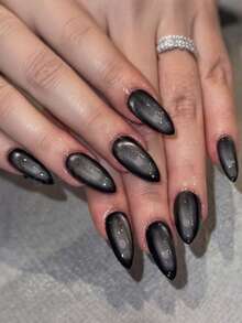 24 piezas de calcomanías de uñas de ojo de gato, forma de almendra mediana, color negro, reutilizables, uñas postizas de cobertura completa, estilo minimalista, acabado brillante, adecuadas para mujeres y niñas, uso diario - Negro - Ver 7