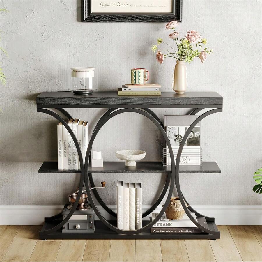 Mesas de Consola estrechas de 39 Pulgadas para Entrada, Mesa de sofá Industrial de 3 Niveles con Base Redonda de Metal y estantes de Almacenamiento para Sala de Estar, Pasillo, vestíbulo - Negro - Ver 1