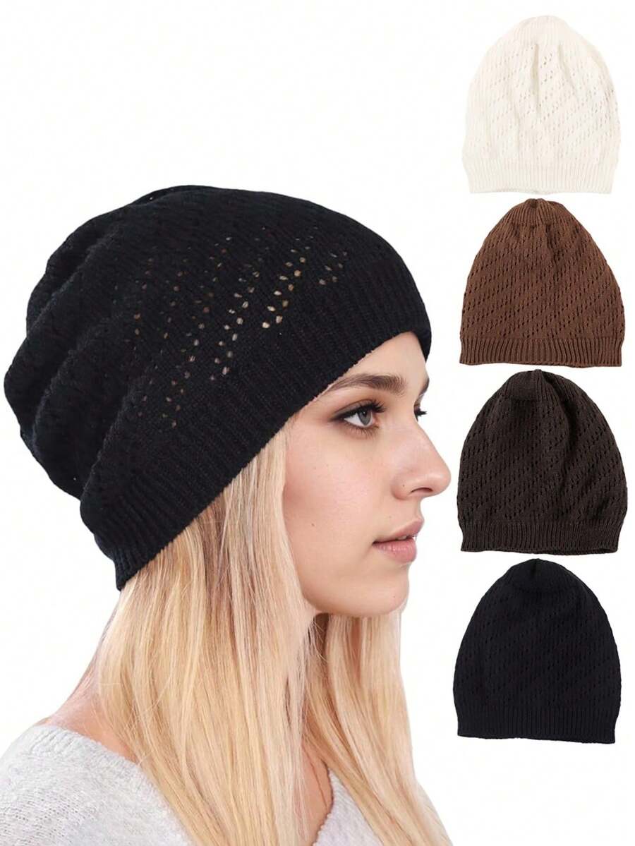 1pc European & American Style Winter Hollow Out Beanie Hat, Women Knitted Warm Ski Cap Warm Accessories - Multicolor - View 1