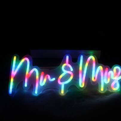 1pc Colorful USB Powered Acrylic Customized Mr & Mrs LED Neon Light (With Data Cable) | Solid Color, Easy Installation, | Romantic Wall Decor | Wedding/Anniversary/Engagement Party Decoration | Home/Bedroom/Live Streaming Background | Valentine's Day Couple Gift | Alternative To String Lights