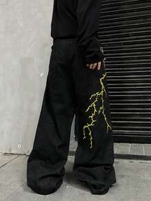 1 chiếc quần jeans nam Infinite, kiểu dáng rộng rãi, phong cách hip hop đường phố Mỹ cổ điển, thêu họa tiết tia chớp (Sản phẩm không bao gồm thắt lưng và phụ kiện) - màu đen - Xem 2