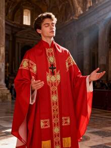 Medieval European Priest/Monk Robe Cosplay Costume, Includes: Printed Loose Robe, Fringed , Cross Accessory - Red - View 10
