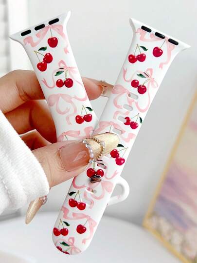 1pc Cute Cherry Bow Print Silicone Watch Band, Compatible With Apple Watch 38mm 40mm 41mm 42mm 44mm 45mm 49mm (S10 42mm) (S10 46mm), Fashionable Soft Silicone Sports Watch Strap, Compatible With Series Ultra 2 S10 SE 9 8 7 SE 6 5 4 3 2 1, Perfect Gift For Thanksgiving, New Year, Valentine's Day