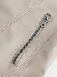 女士修身仿皮夹克，薄款机车夹克，立领，春秋季外套 - 米色 - 查看 9