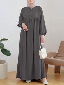 Women's Elegant & Comfortable Abaya Style Round Neck Button Down Dress, Quick Ship Spring - Dark Grey - View 2