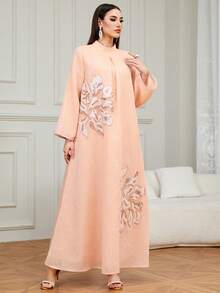 Women's Elegant V-Neck Long Sleeve Maxi Kaftan Dress, Woven Fabric With Beaded Embellishment, Suitable For Eid Al-Fitr - Pink - View 5