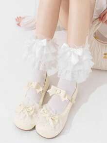 1 Pair Women's Solid Color Mid-Calf Socks, Multi-Layer Lace Trim Japanese Ballet Style Cute Bow Socks, Versatile And Suitable For Lolita Gatherings - Multicolor - View 8