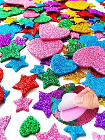 300pcs- Colorful Glitter Foam Stickers Self-Adhesive Stars Mini Heart Shapes Glitter Stickers Kids' Party Gifts Art & Craft Supplies Suitable For DIY Crafts, Scrapbooking, DIY Cards Envelopes & Home Decor
