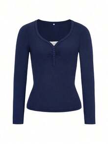 Women's T-Shirt Y2K Fall Clothes Casual Daily Sexy Solid Color Lace Contrasting Color Slim Long Sleeve V-Neck Top - 藍色 - 查看 8