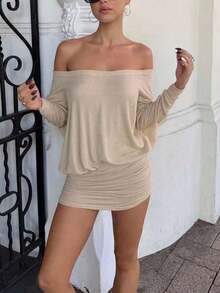 Women's Fashion Sexy Sheer Long Sleeve Off Shoulder Bodycon Casual Street Party Holiday Dress - 杏色 - 查看 3