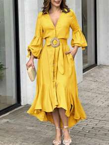 Puff-Sleeve Belted Midi Dress - 黃色 - 查看 1