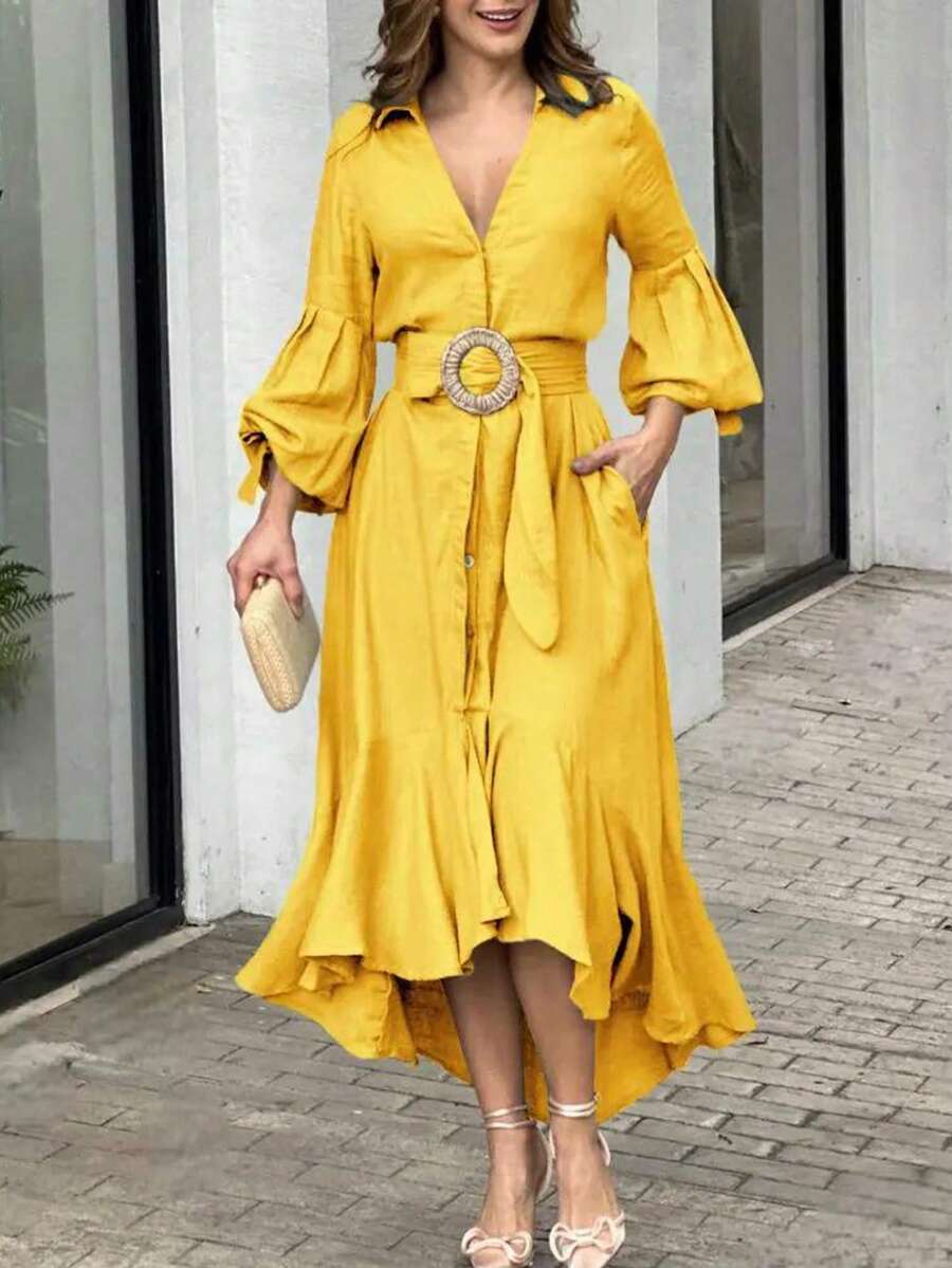 Puff-Sleeve Belted Midi Dress - 黃色 - 查看 1