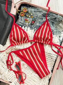 Bikini de SunTide con textura a rayas rojas y blancas, bikini triangular con tirantes y adorno dorado, conjunto de 2 piezas, atrevido y sexy para la playa en verano - Rosa Fucsia - Ver 6