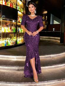 CHOSMO 新款纯色闪亮优雅亮片装饰前短后长露背女装，适合晚宴、婚礼、派对、周年纪念、节日、正式晚宴、拍照、婚礼宾客、毕业典礼、舞会、舞台表演和音乐会、情人节等场合。 - 紫色 - 查看 6
