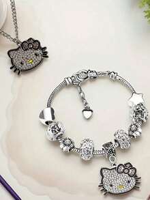 2 Pieces Set, Necklace+Bracelet Set, Cute Cartoon Themed Jewelry Set For Hello Kitty, Zinc Alloy Bracelet Set With Sparkling Crystals, Fashionable Accessory, Including Necklace And Bracelet, Suitable For Daily Wear And Gift Giving, Perfect For Valentine's Day