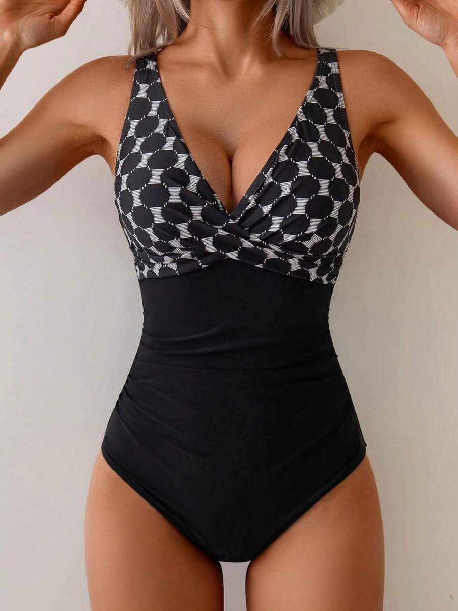 女士连体泳衣，收腹提臀，前交叉露背V领显瘦泳装，适合度假海滩穿着 - 黑色圓點 - 查看 1