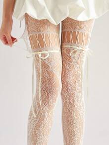 镂空蕾丝蝴蝶结系带渔网连裤袜，Y2K复古风吊带网袜，春夏款 - 白色 - 查看 2