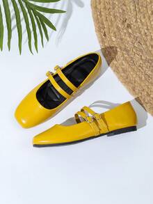 Yellow Mary Jane Vintage Style Double Strap Buckle Flat Shoes, Spring/Autumn - Turmeric - View 5