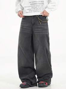 1 pieza Pantalones vaqueros de pierna ancha de estilo coreano, ajuste holgado, lavado, de estilo casual de la marca Justice Brother - Negro - Ver 5