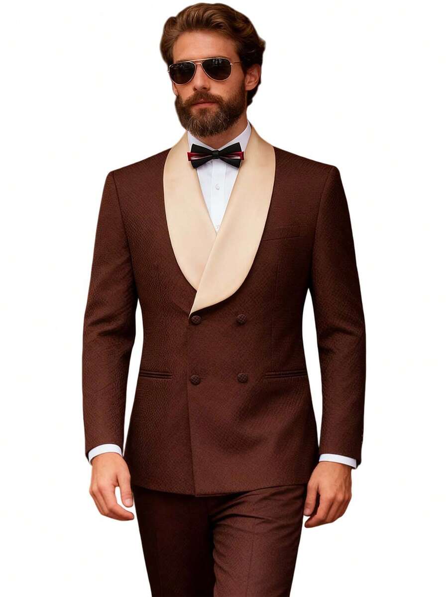 Men's Double Breasted Suit Set, Champagne Shawl Collar Waffle Texture Blazer Jacket & Matching Pants, 2-Piece Formal Wedding & Business Tuxedo - Cà phê nâu - Xem 1