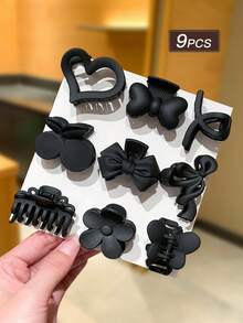 9件套黑色哑光发爪，百搭发饰，小巧发夹，简约风格，适合度假、海滩、日常休闲佩戴，四季皆宜，发饰套装，发饰，女士配饰，返校季发饰，蝴蝶结发夹，时尚发爪夹 - 黑色 - 查看 6