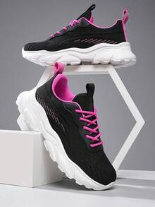 Women's Hiking Shoes, Black Pink Knit Sneakers With Thick Wave Sole, Breathable Mesh Comfortable Walking Shoes For Outdoor, Fashion Ankle Chain Gift For Her - 黑粉 - 查看 4