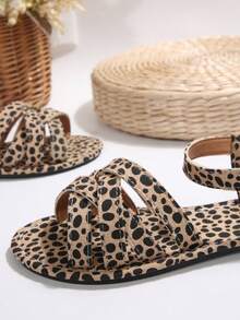 女士新款圆头套脚平底拖鞋，简约搭扣平底凉鞋，时尚简约平底凉鞋，舒适休闲旅行沙滩鞋，有白色、棕色、黑色、豹纹、花卉图案可选 - 彩色 - 查看 7