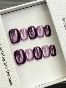 10片手工方形亚克力美甲贴纸，短款/中款可选，简约紫色美甲，闪亮猫眼美甲，优雅奢华手工美甲，秋季美甲贴纸，可爱美学，百搭美甲，DIY假指甲，适合派对、日常、约会、海滩、热带度假，可重复使用，送给女性和女孩的礼物，美甲用品 - 紫丁香色 - 查看 12