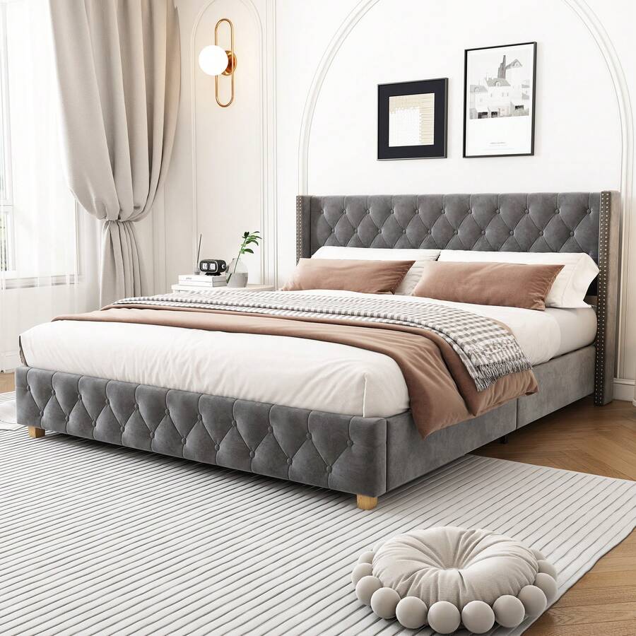 Upholstered Bed 140*190cm With Slatted Base And Headboard, Button Tufting, Rivet Tufting, Wooden Legs, Velvet, Grey - Gray + Velvet - View 1