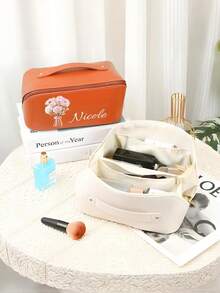 Flower Pattern Name Customized Cosmetic Bag, Zipper Design Large Opening Cosmetic Bag, Reusable Cosmetic Bag, Cosmetic Bag Skin Care Kit Cosmetic Bag Packaging Box, Travel Necessities Cruise Necessities Dormitory Necessities, Wedding Bridesmaid Gifts - Multicolor - View 2