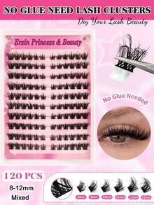 120pcs Self-Adhesive Fluffy & Thick False Eyelash Set, 8-16mm Mixed Length, No Glue Needed, Fluttery Individual Lashes, Self-Stick DIY Eyelash Extension, Pre-Glued Cluster Lashes, Natural & Lengthening, D-Curl, No Makeup Remover Required - Black - View 2
