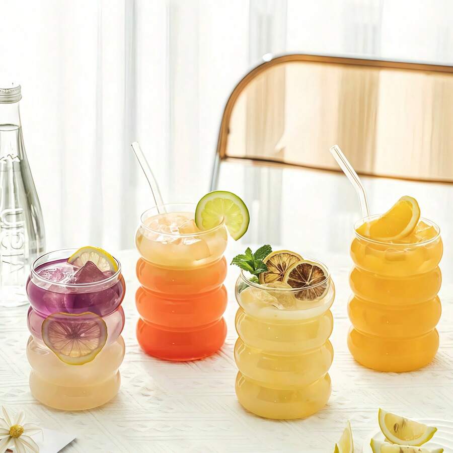 Conjunto de 9 copos de vidro canelados com canudos de vidro, copos de café gelado estéticos de grande capacidade, copos de vidro ondulados com bolhas, copos de vidro canelados, copos de cerveja, copos de refrigerante para coquetel, presente de Natal, utensílios para bebidas de cerveja, café gelado, conjunto de copos de vidro, copos com design ondulado, utensílios para bebidas modernos, textura canelada - Multicolorido - Ver 1
