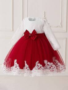 Vestido elegante de princesa para niña con mangas largas de encaje, cuello de malla y lazo, adecuado para la escuela, recital de piano y ocasiones formales, sin diadema - Burdeos - Ver 5
