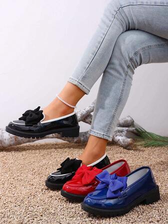 Women's New Vintage Chunky Heel Bow Fashion Penny Loafers, Low Vamp Flat Shoes, British Style Patent Leather Casual Shoes, Comfortable Soft College Style, Ideal For Shopping And Everyday Wear, Suitable For All Seasons