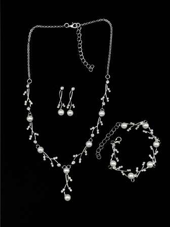 4pcs/Set High-End Pearl Necklace, Earrings, Bracelet Jewelry Set, Elegant Fashion Bridal Accessories, Suitable For Banquet, Party, Birthday Gift For Women